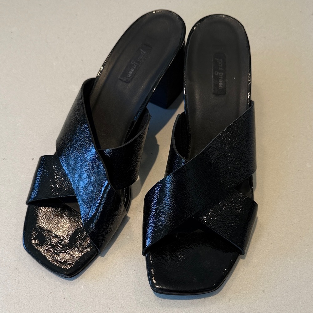 Paul Green Black Patent Leather Crisscross Mule Heels